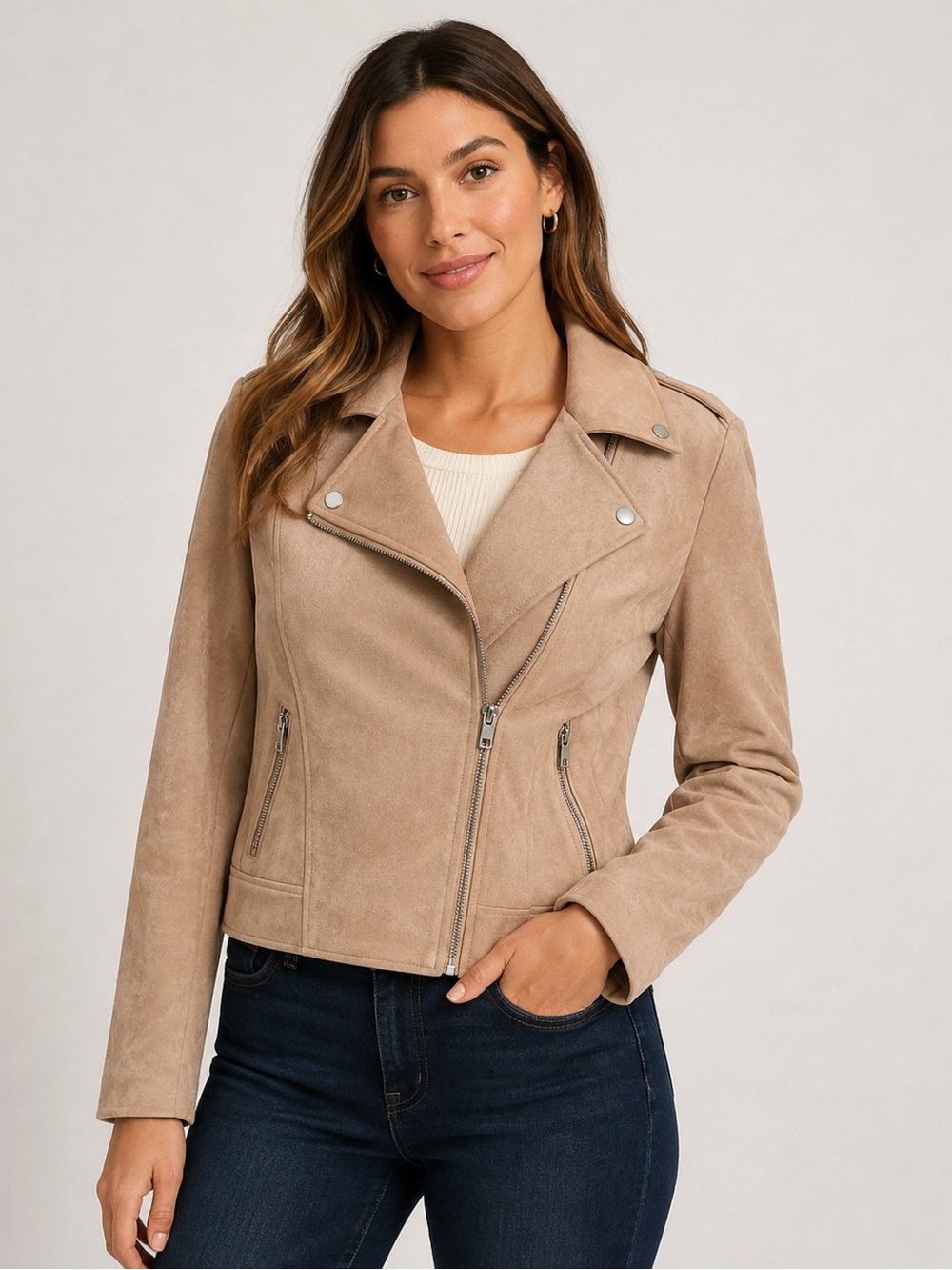 BB Dakota Taupe Suede Moto Jacket